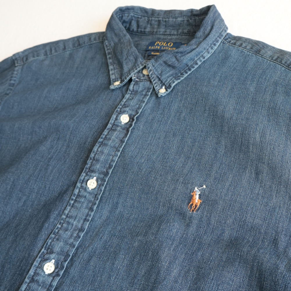 Polo Ralph Lauren Mens XXL Classic Fit Denim Button Down Shirt Dark Wash Blue